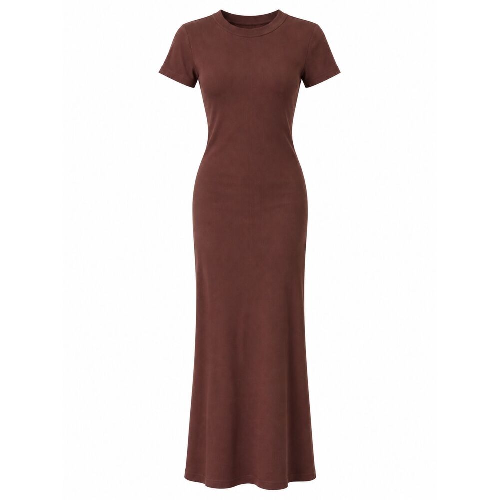 REORIA Brown Ribbed Bodycon Maxi Dress XS Short Sleeve Stretch Minimalist